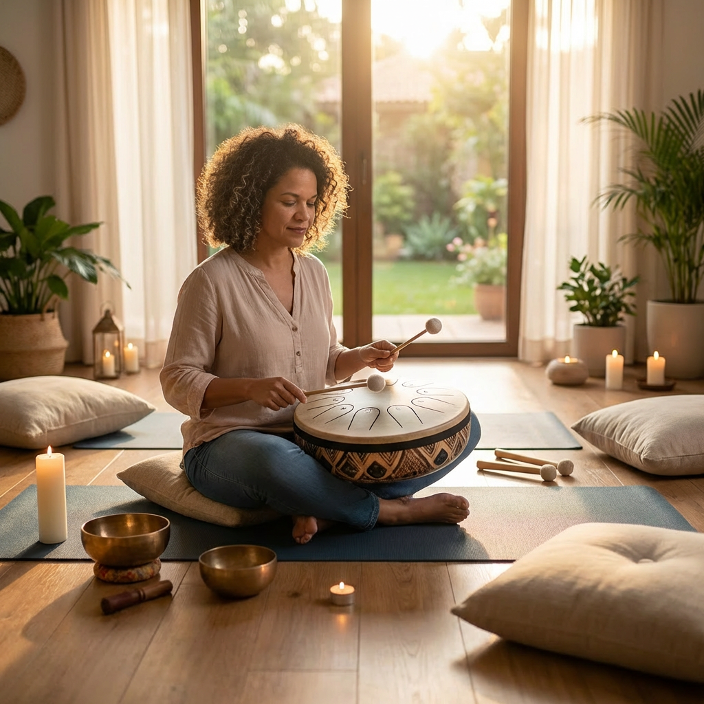 Family playing guitar and tambourine while sitting outdoors by a lily pond.