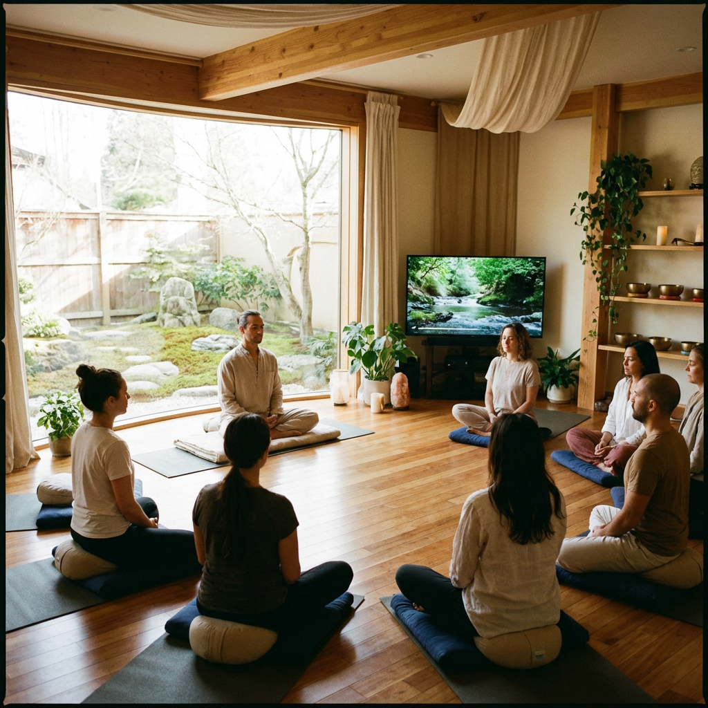 People sitting in a circle on meditation cushions in a bright, modern studio.
