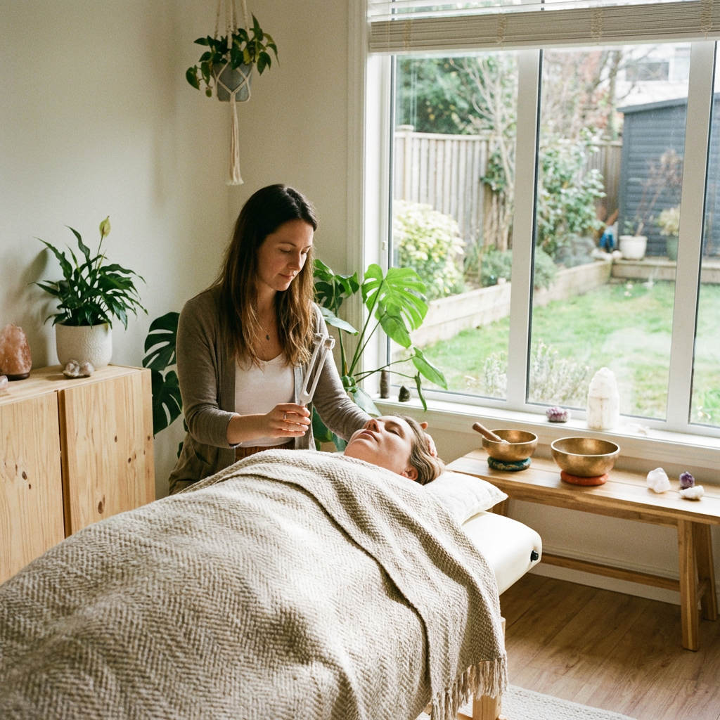 Practitioner using a tuning fork during a sound healing session on a reclining patient.